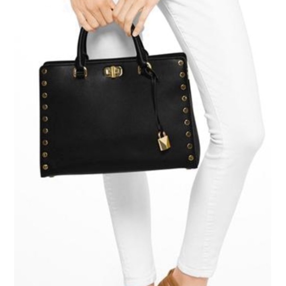 Michael Kors Studded Leather Satchel Handbag Black/Gold One Size